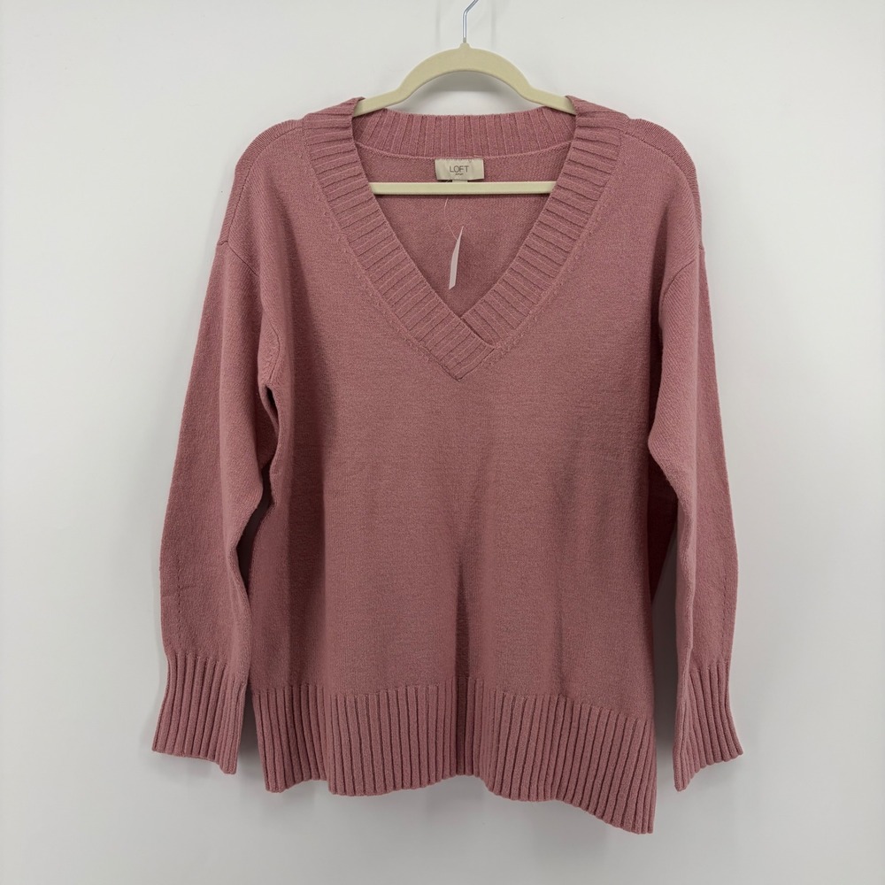 LOFT Womens Small Pink V-Neck‎ Pullover Sweater Cotton Blend Ribbed Trim NEW